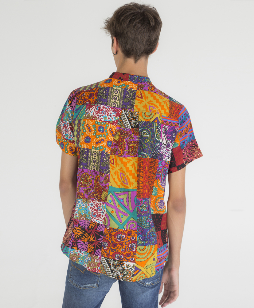 Chemise à col mao imprimé patchwork 